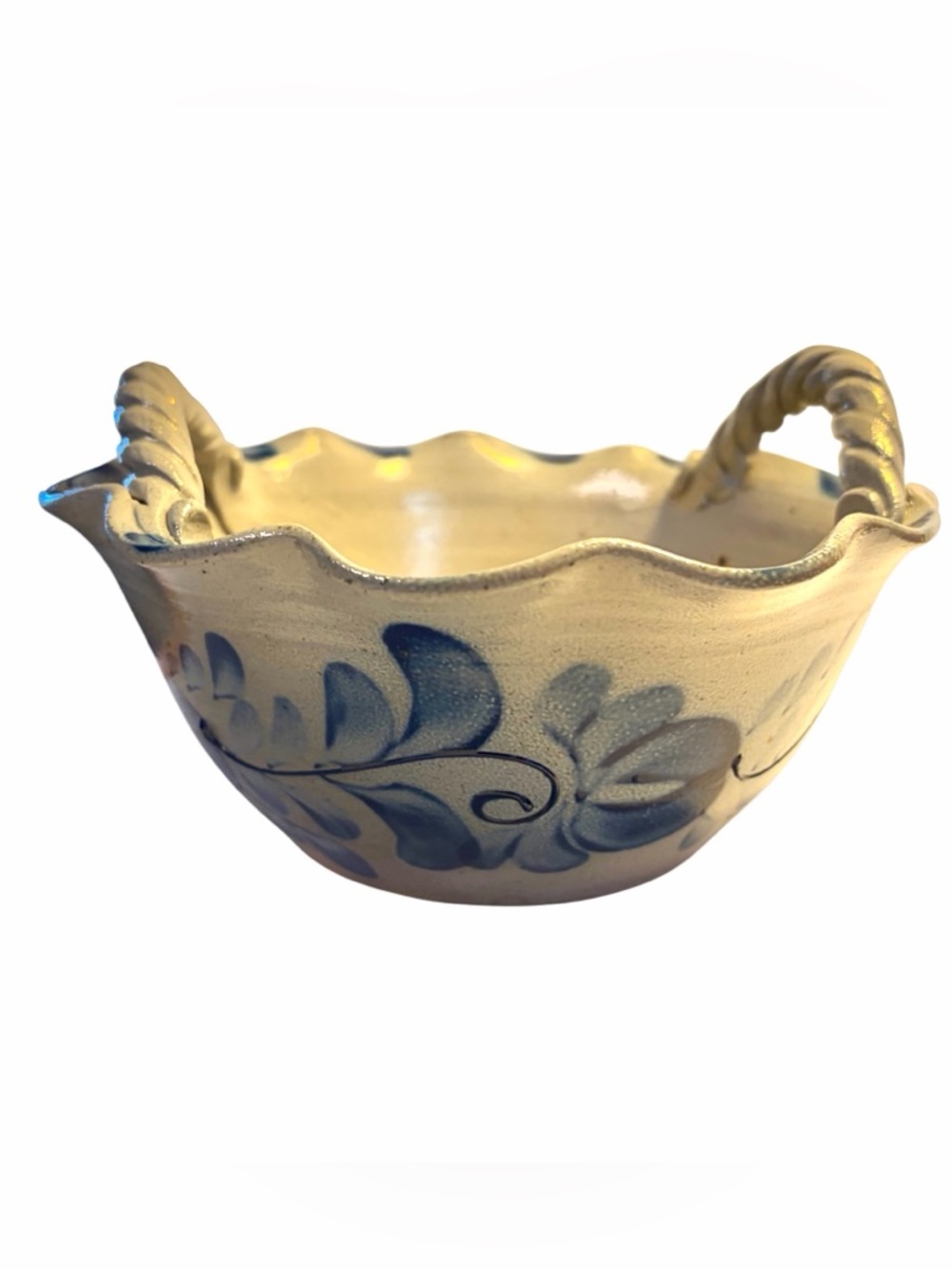 Hand-Made Blue Floral 7” Ceramic Bowl w/ Braided Handles Dutch Folk Style